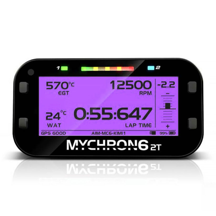AiM MyChron6 2T dual temp karting data logger purple screen background