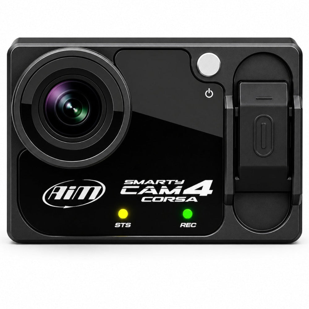 AiM SmartyCam4 Corsa Front view showcasing wide lens, side controls, and LED status lights on a clean white background.