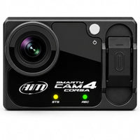 Thumbnail for AiM SmartyCam4 Corsa Front view showcasing wide lens, side controls, and LED status lights on a clean white background.