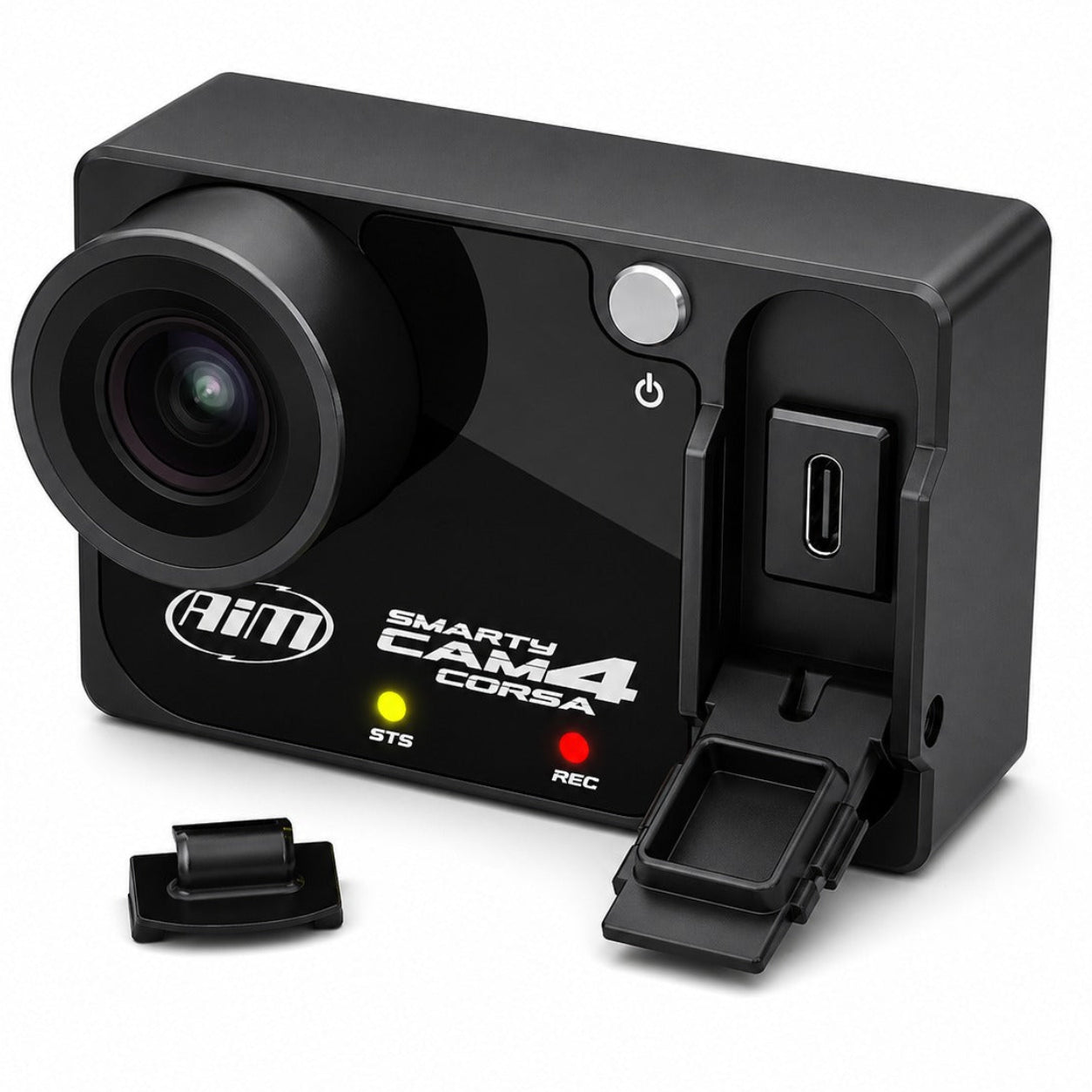 AiM SmartyCam4 Corsa action camera shown from a three-quarter angle with lens, power button, and LED indicators visible on a white background.