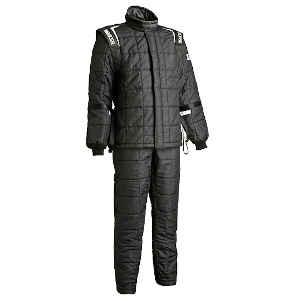 Two-piece Sparco x20 Drag Suit featuring a jacket and pants set, designed for flexibility and comfort during drag racing.