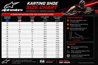 Thumbnail for Alpinestars karting shoe size chart with European, US, UK, and foot-length conversions plus measuring and fit instructions.