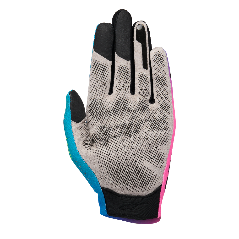 Alpinestars SIM Gloves Graphic 2 Pink Fluo/Cyan/Black/Safety Yellow front view