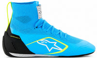 Thumbnail for Alpinestars Supertech K karting shoe in blue with fluorescent yellow accents, shown in a straight right-facing side view on a white background.