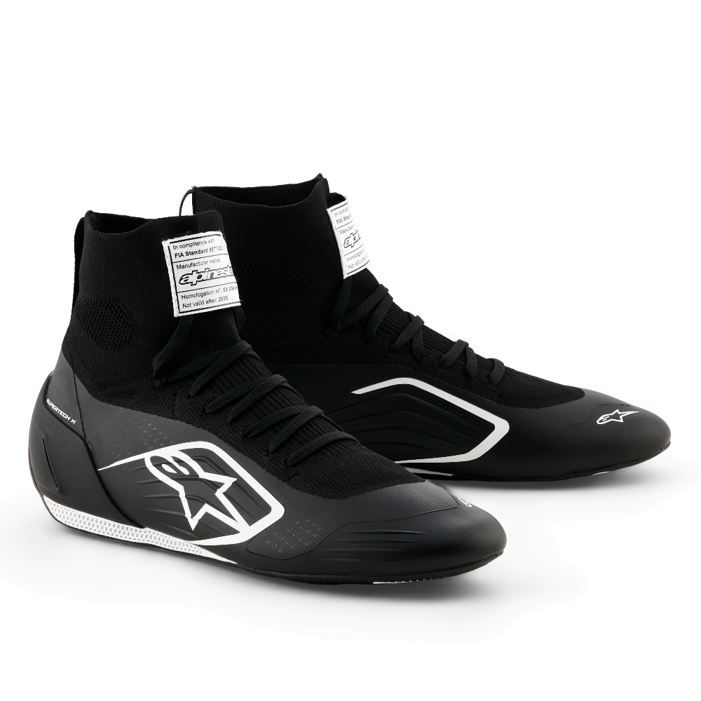 Alpinestars Supertech K karting shoes in black and white front angle view