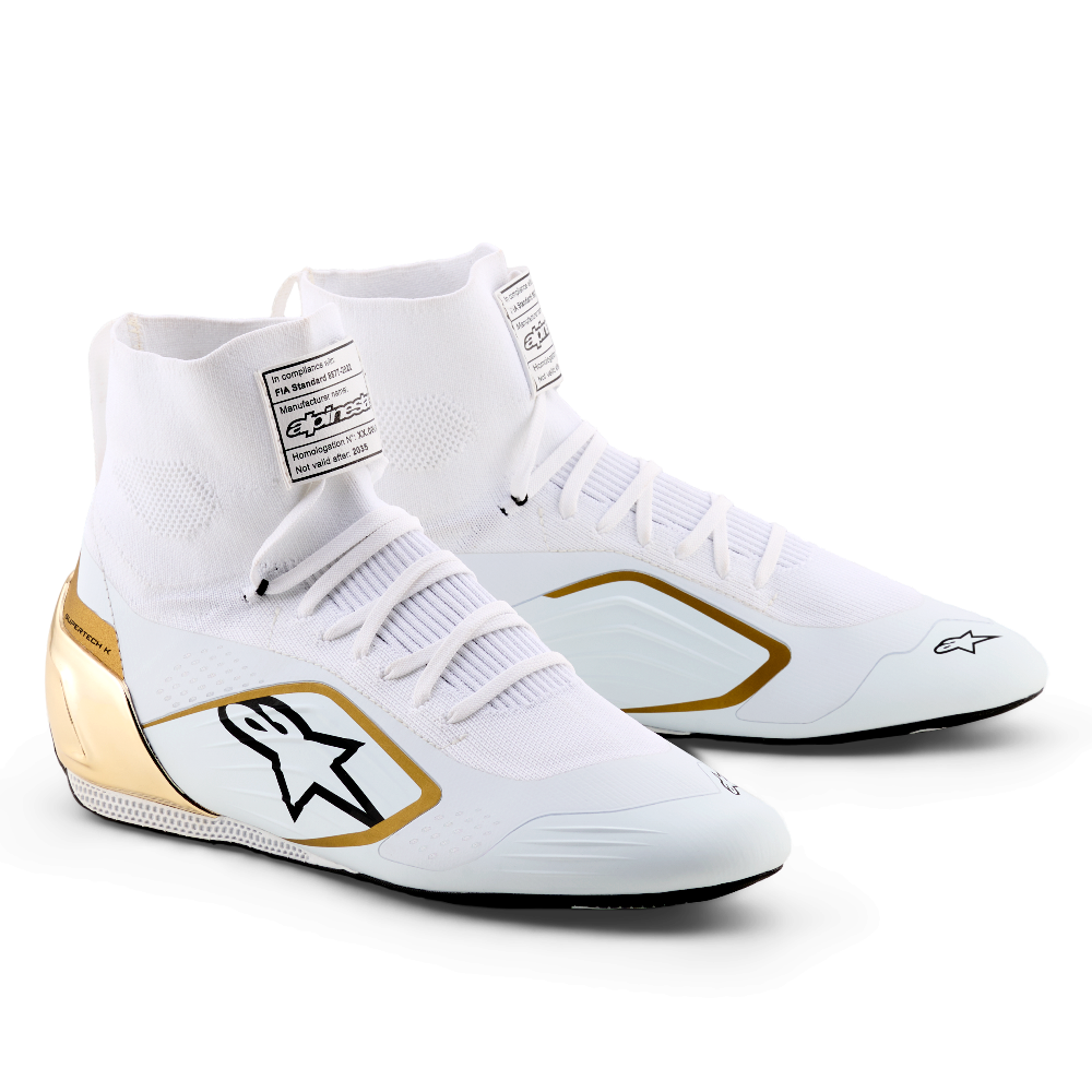 Alpinestars Supertech K karting shoes in white and gold front angle view