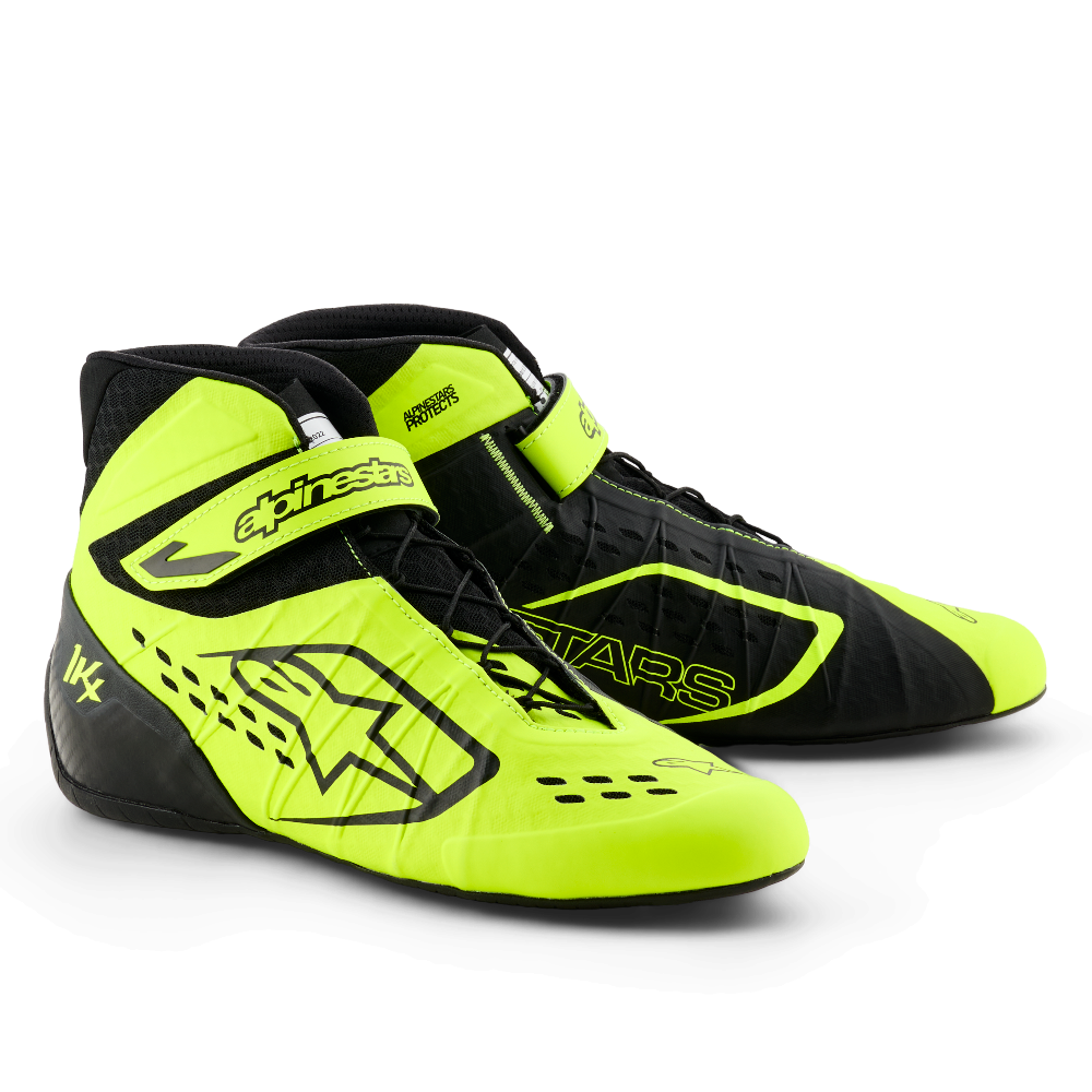 Alpinestars Tech-1 KX v3 karting shoes in yellow fluo and black front angle view