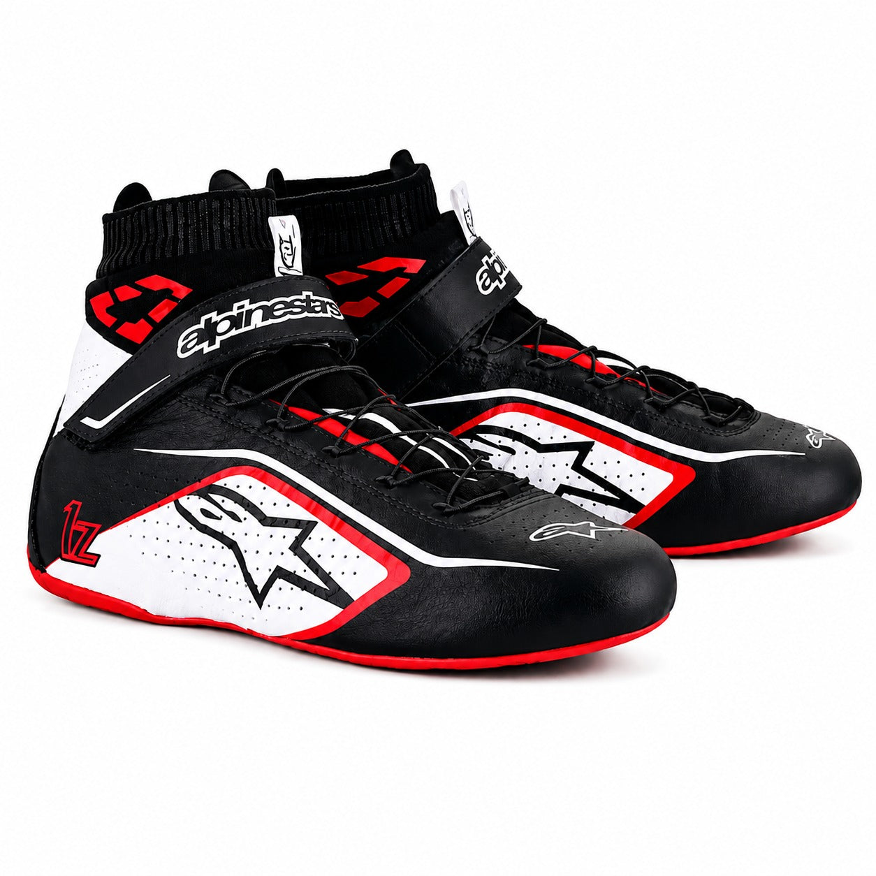 Alpinestars Tech-1 Z V2 racing shoes in black, white, and red with high-top ankle support and lightweight motorsport design