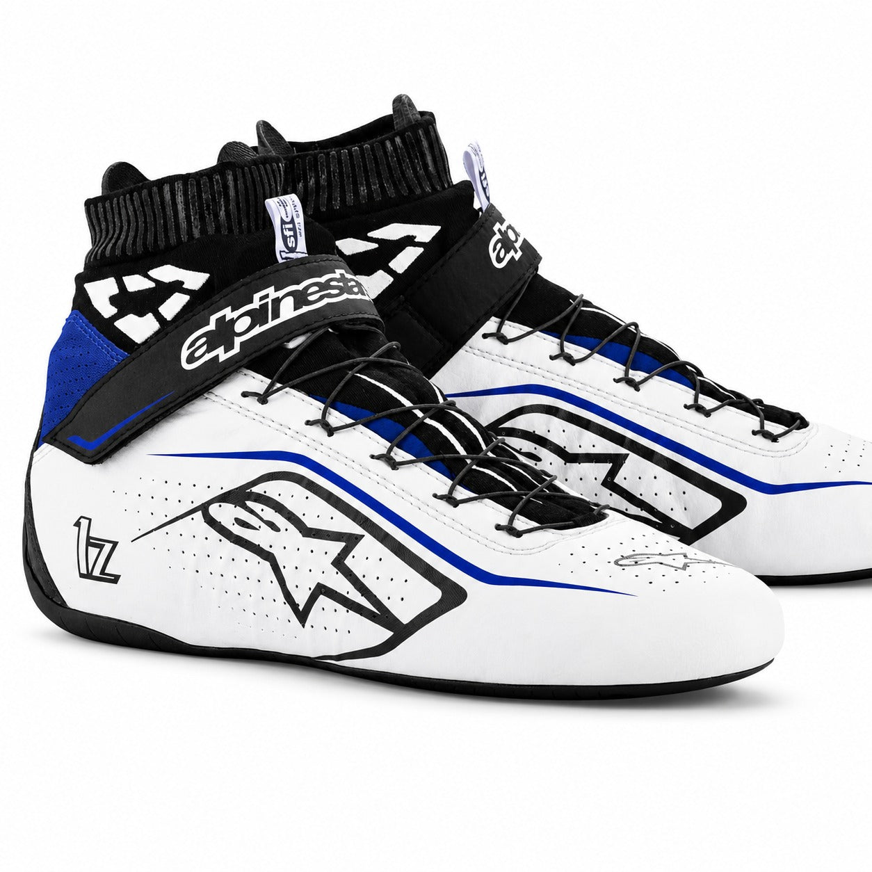 Alpinestars Tech-1 Z V2 racing shoes in white, black, and blue with high-top ankle support and lightweight motorsport design