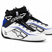 Thumbnail for Alpinestars Tech-1 Z V2 racing shoes in white, black, and blue with high-top ankle support and lightweight motorsport design