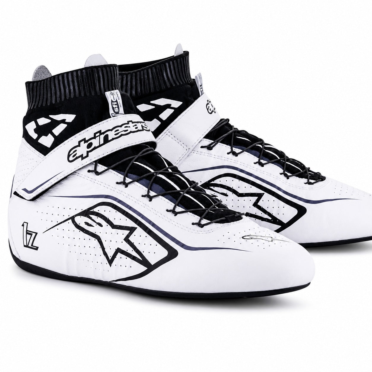 Alpinestars Tech-1 Z V2 racing shoes in white and black with high-top ankle support and lightweight motorsport design
