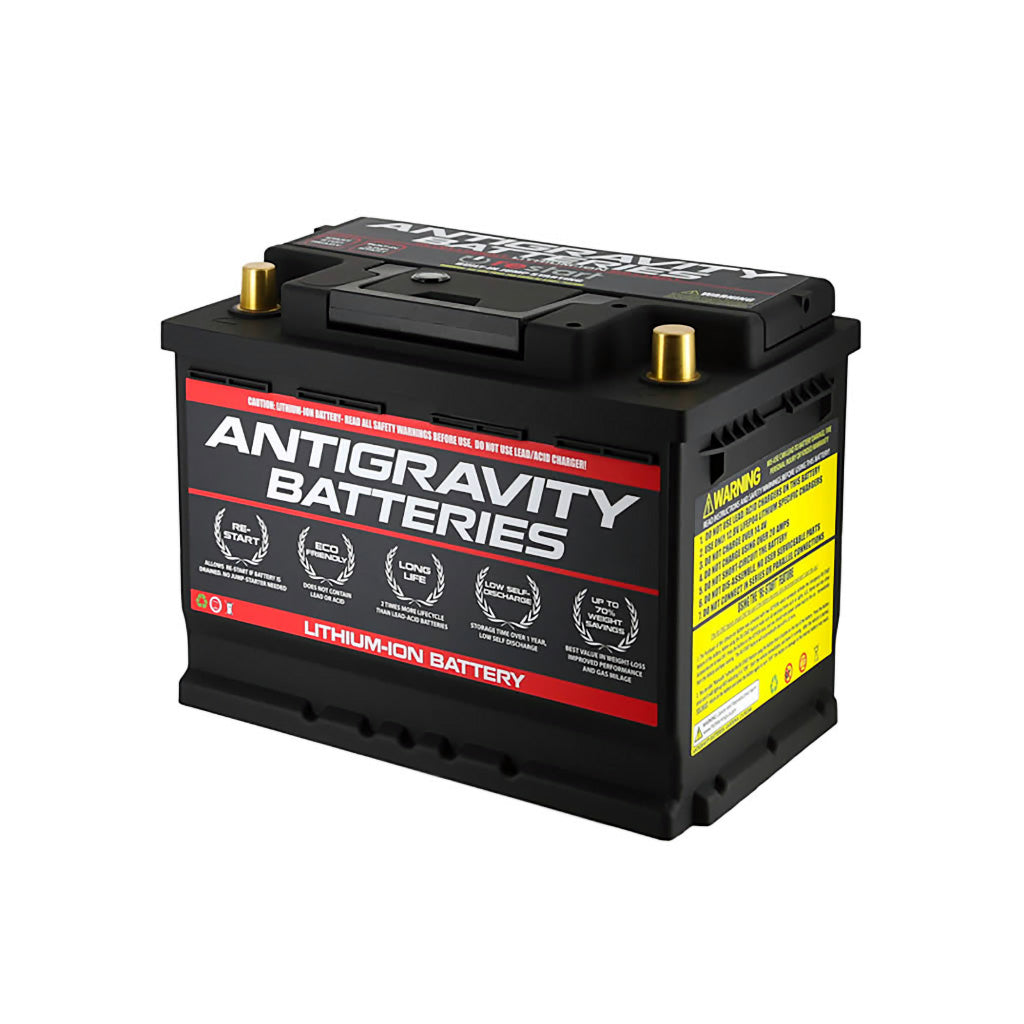 Close-up of Antigravity Li-ion H5 Group 47 battery terminals and label
