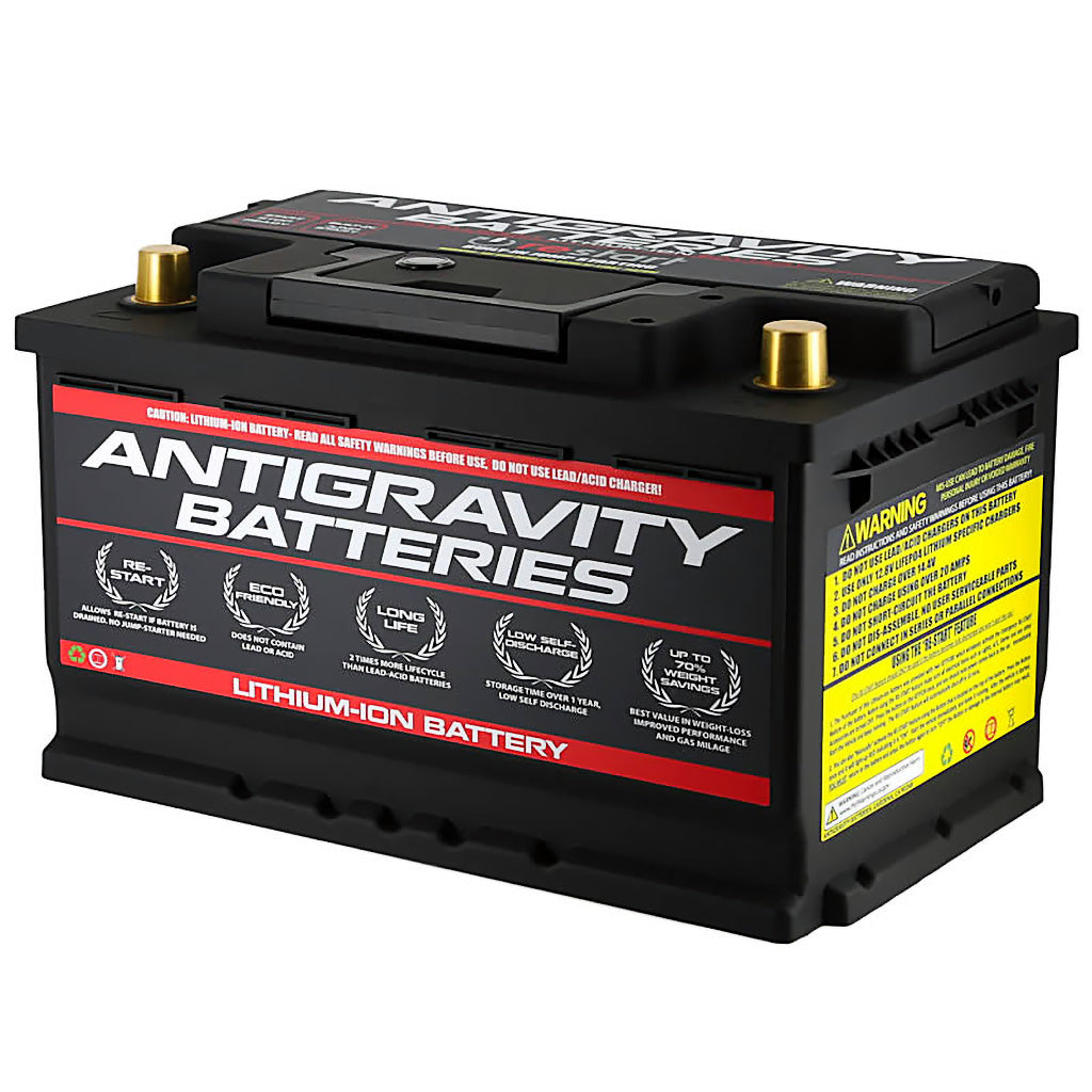 Close-up of Antigravity Li-ion H7 Group 94R battery top posts and label