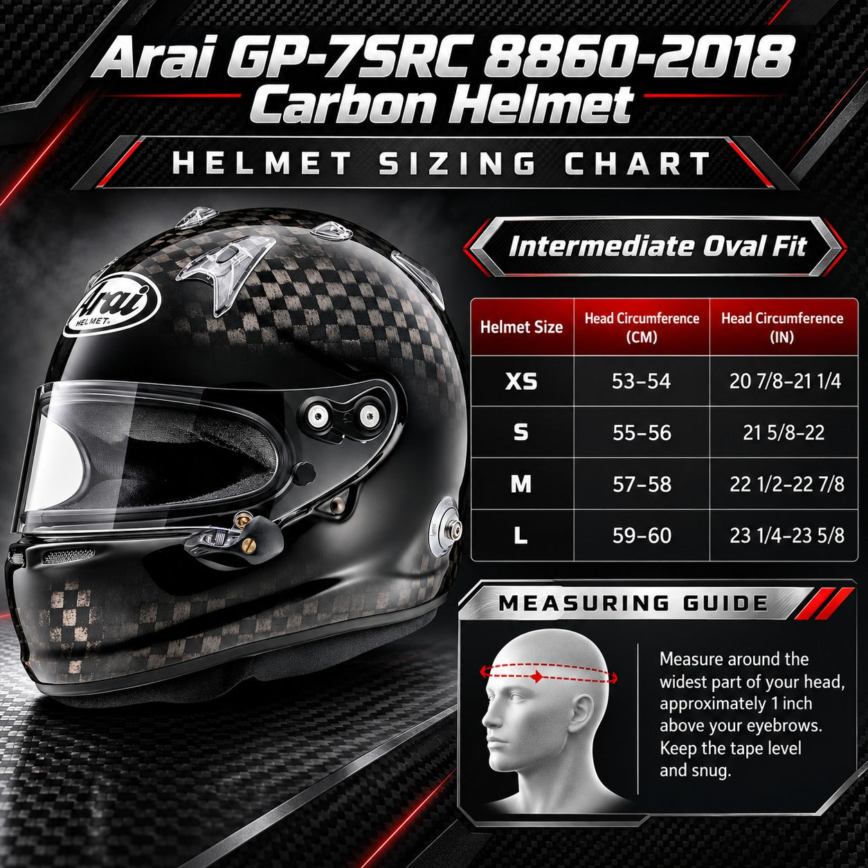 Arai GP-7SRC FIA 8860-2018 Carbon Racing Helmet Size Chart Featuring XS to Large Sizes, Head Circumference in Centimeters and Inches, and Intermediate Oval Fit Guide.