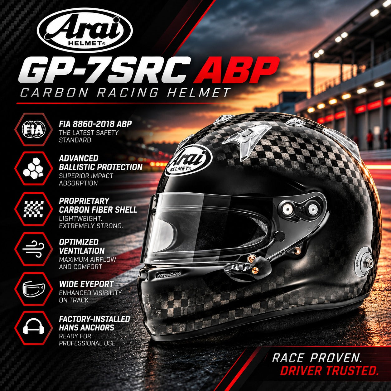 Arai GP-7SRC ABP Carbon Fiber Racing Helmet FIA 8860-2018 featuring advanced ballistic protection, proprietary carbon fiber shell, optimized ventilation, wide eyeport, and HANS anchors. Sunset motorsport hero image.