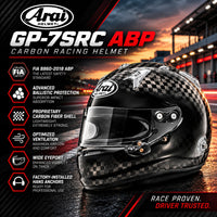 Thumbnail for Arai GP-7SRC ABP Carbon Fiber Racing Helmet FIA 8860-2018 featuring advanced ballistic protection, proprietary carbon fiber shell, optimized ventilation, wide eyeport, and HANS anchors. Sunset motorsport hero image.