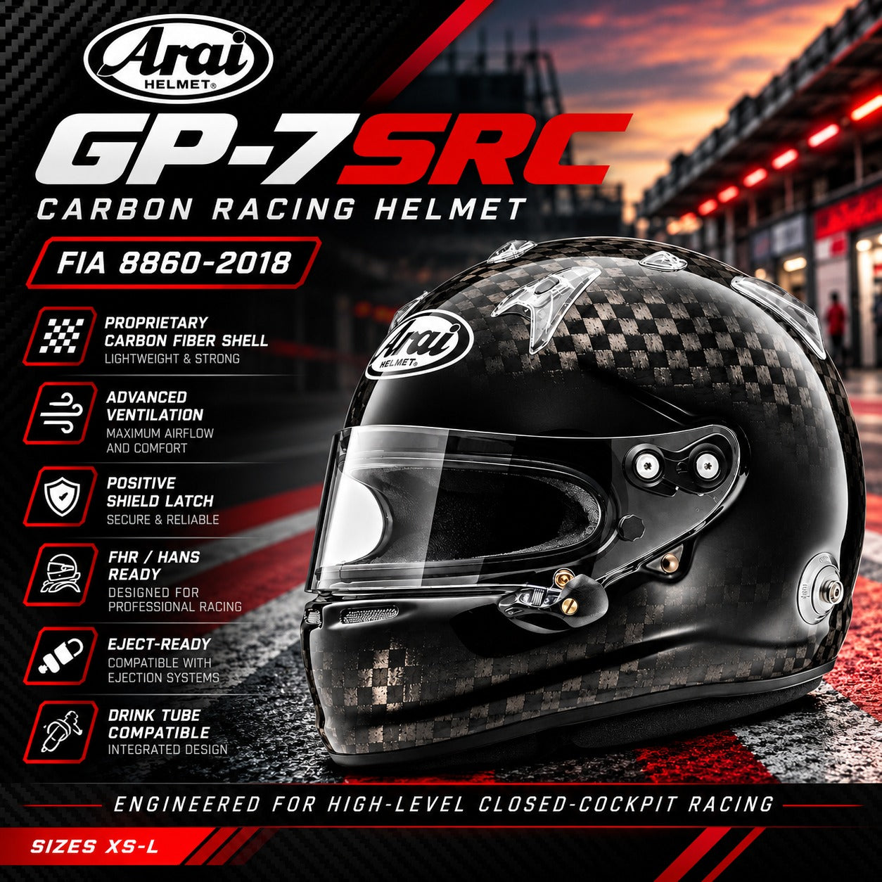 Arai GP-7SRC Carbon Fiber Racing Helmet FIA 8860-2018 featuring proprietary carbon fiber shell, advanced ventilation, positive shield latch, FHR/HANS compatibility, eject system readiness, and drink tube compatibility. Red and black motorsport hero image.