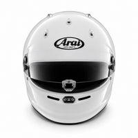 Thumbnail for A white Arai full-face GPV-R racing helmet with a black visor and black Arai Helmet logo on the forehead, photographed from a front-facing perspective on a clean white background.