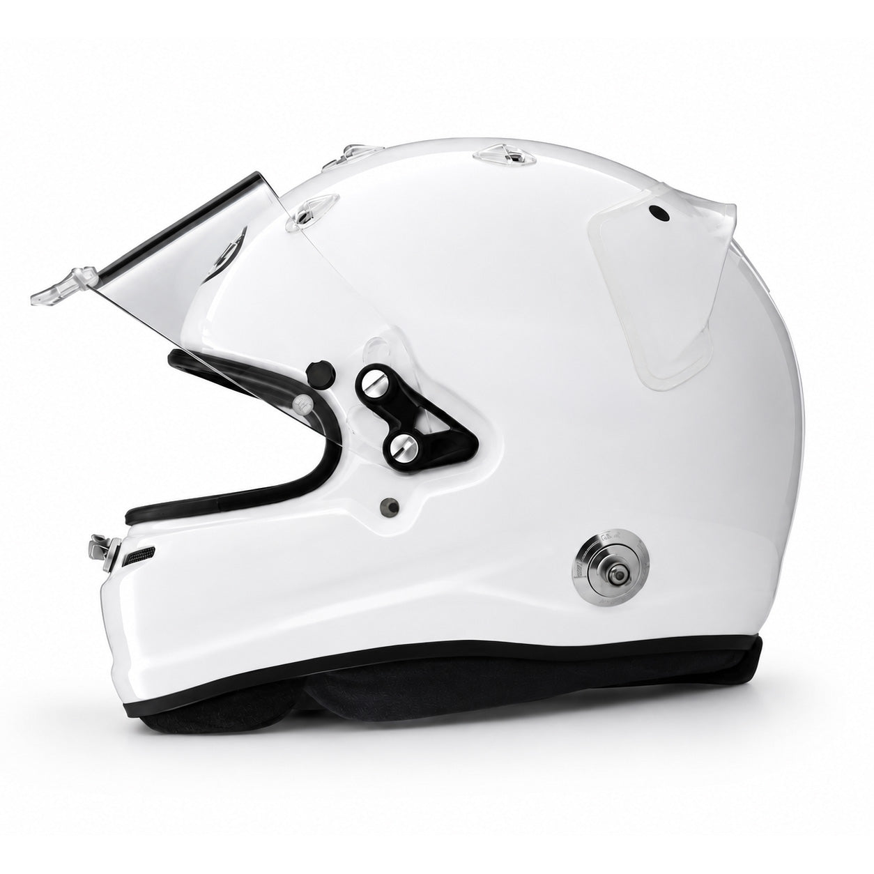 A white full-face Arai GPV-R auto racing helmet with a clear visor, black chin bar, and silver ventilation screws, shown in profile against a white background.