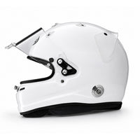 Thumbnail for A white full-face Arai GPV-R auto racing helmet with a clear visor, black chin bar, and silver ventilation screws, shown in profile against a white background.