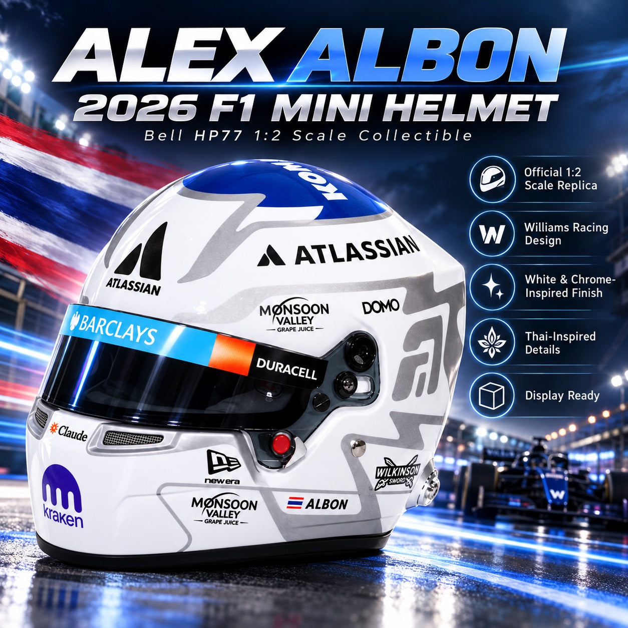 Bell Alex Albon 2026 F1 mini helmet hero image with Williams Racing design, white and chrome-inspired finish, and Thai details