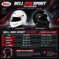Thumbnail for Bell BR8 Sport SA2025 racing helmet sizing chart featuring Gloss White and Matte Black helmets, Small through X-Large sizes, head circumference measurements in centimeters and inches, proper head measuring instructions, and helmet fitting tips in a black and red motorsport design.