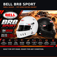 Thumbnail for Bell BR8 Sport SA2025 off-road racing helmets in Gloss White and Matte Black, featuring a modular forced-air ventilation system, rear-facing Venturi vents, DSAF anti-fog shields, aerodynamic front duckbill, lightweight composite shells, and Snell SA2025 certification against a dramatic off-road racing background.