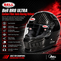 Thumbnail for Bell BR8 ULTRA Carbon Fiber Auto Racing Helmet hero image featuring Snell SA2025 certification, lightweight carbon fiber shell, configurable forced-air ventilation, DSAF anti-fog visor, and rear-facing Venturi vents.