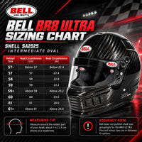 Thumbnail for Bell BR8 ULTRA Carbon Fiber Auto Racing Helmet sizing chart showing helmet sizes 57- through 61+, head circumference in centimeters and inches, intermediate oval fit, measuring tip, and Snell SA2025 certification.