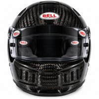 Thumbnail for A Bell Racing full-face racing helmet in glossy black carbon fiber, featuring a clear visor and the signature Bell logo on the forehead and side shields.
