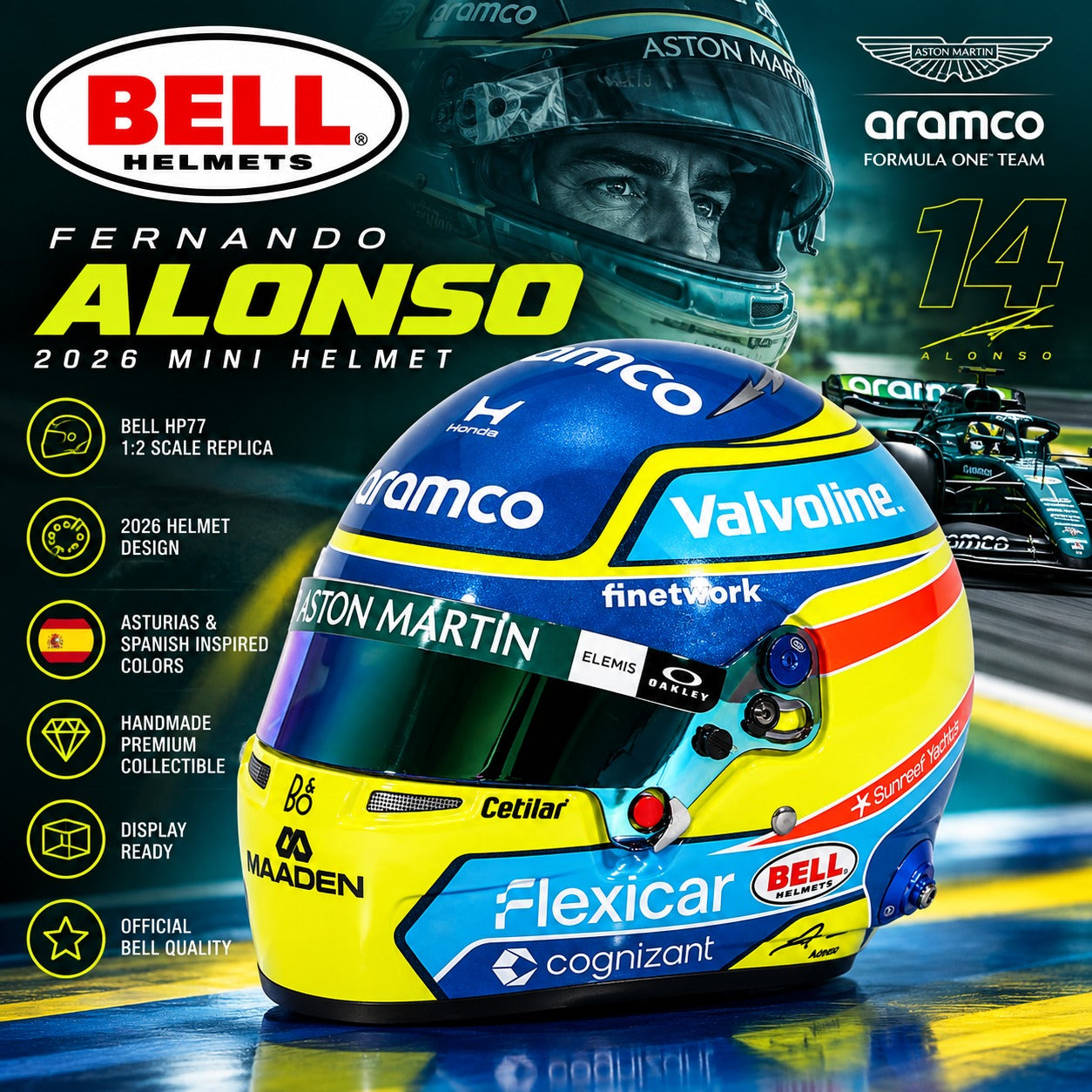 Bell Fernando Alonso 2026 F1 mini helmet hero image with Aston Martin design, Asturias-inspired blue and yellow colors, and Spanish flag accents