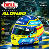 Thumbnail for Bell Fernando Alonso 2026 F1 mini helmet hero image with Aston Martin design, Asturias-inspired blue and yellow colors, and Spanish flag accents