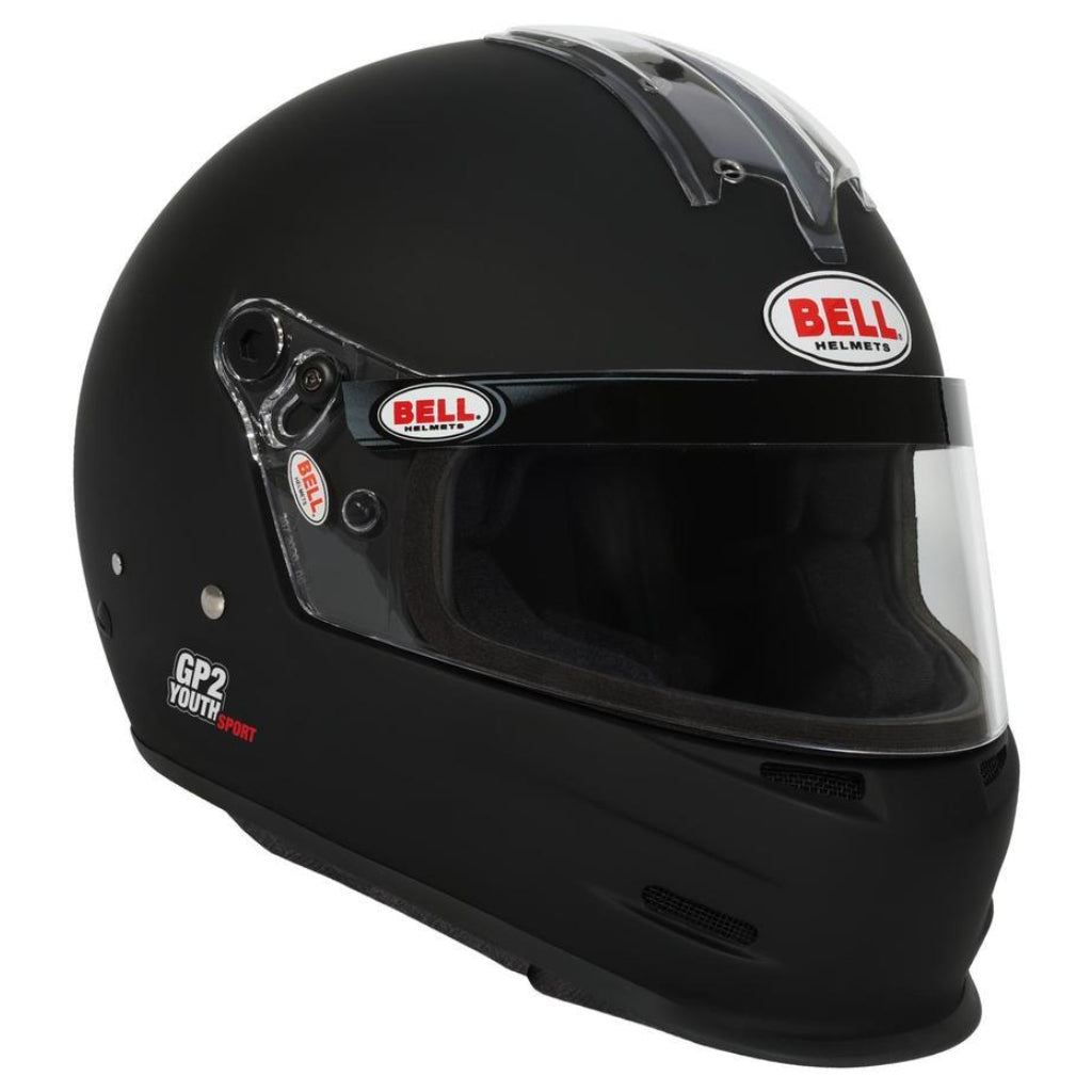 Bell GP2 Youth Sport matte black helmet front left angle highlighting aerodynamic shape