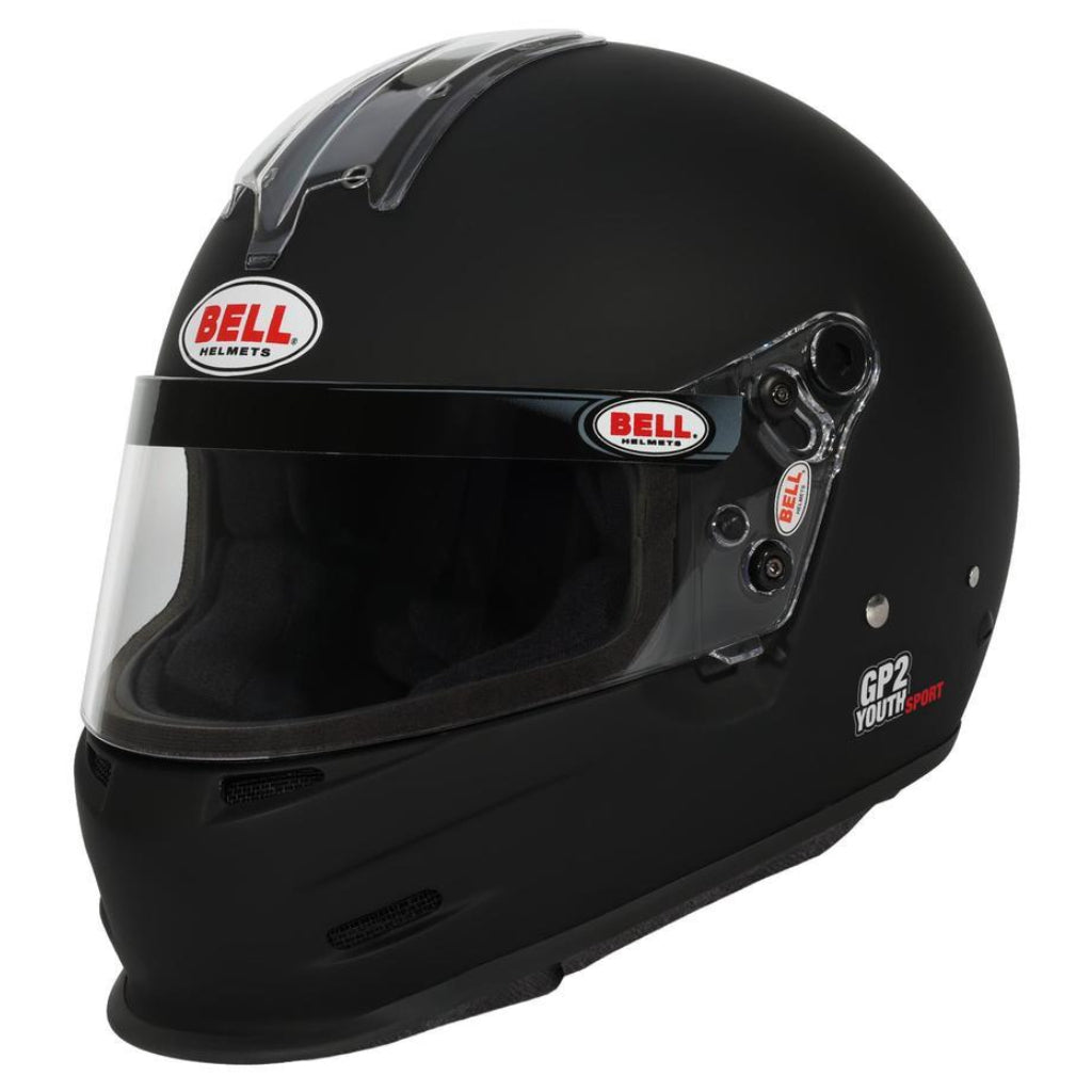Bell GP2 Youth Sport matte black helmet front right angle showing visor and chin vent