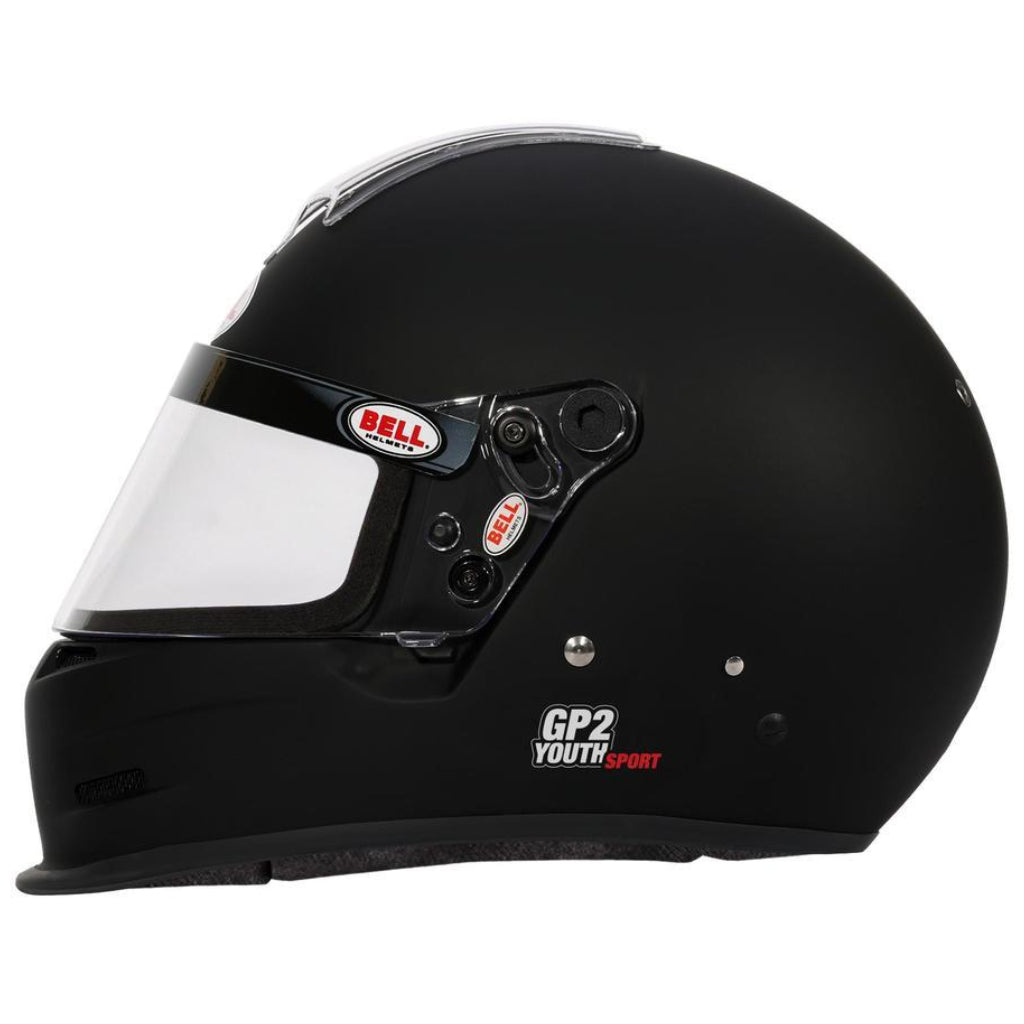 Bell GP2 Youth Sport matte black helmet right side profile with GP2 Youth Sport branding