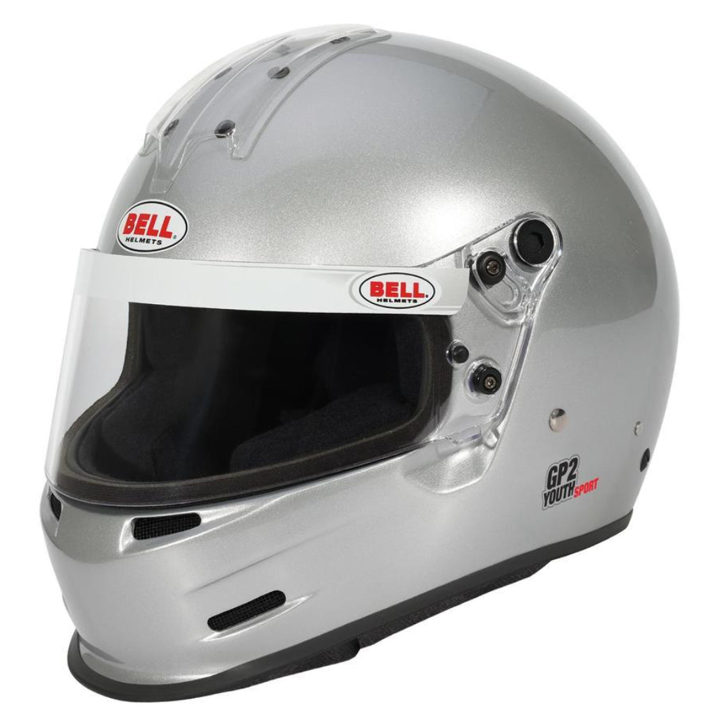 Bell GP2 Youth Sport helmet in metallic silver shown from front right angle