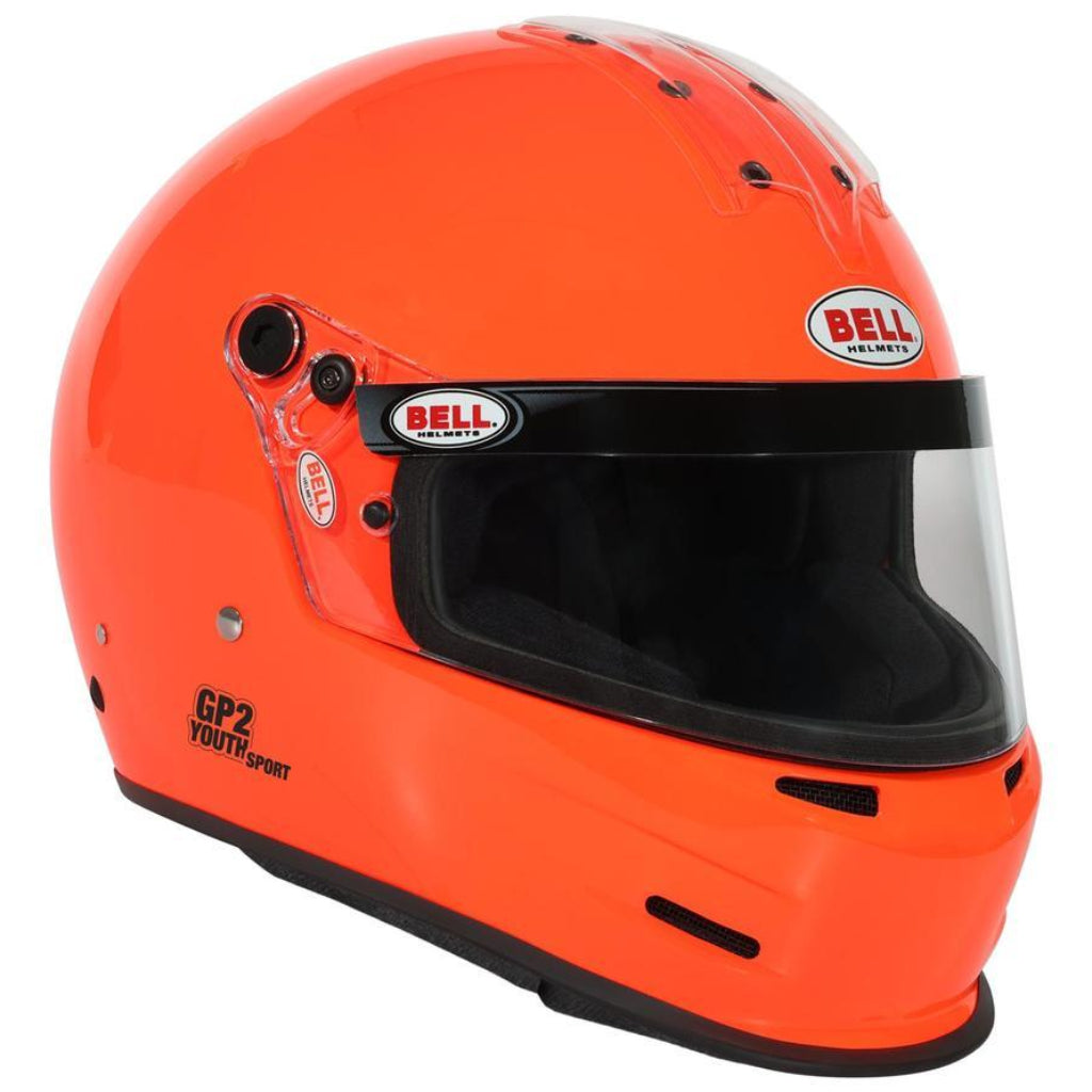 Front left angle view of Bell GP2 Youth Sport orange youth racing helmet with aerodynamic shell design
