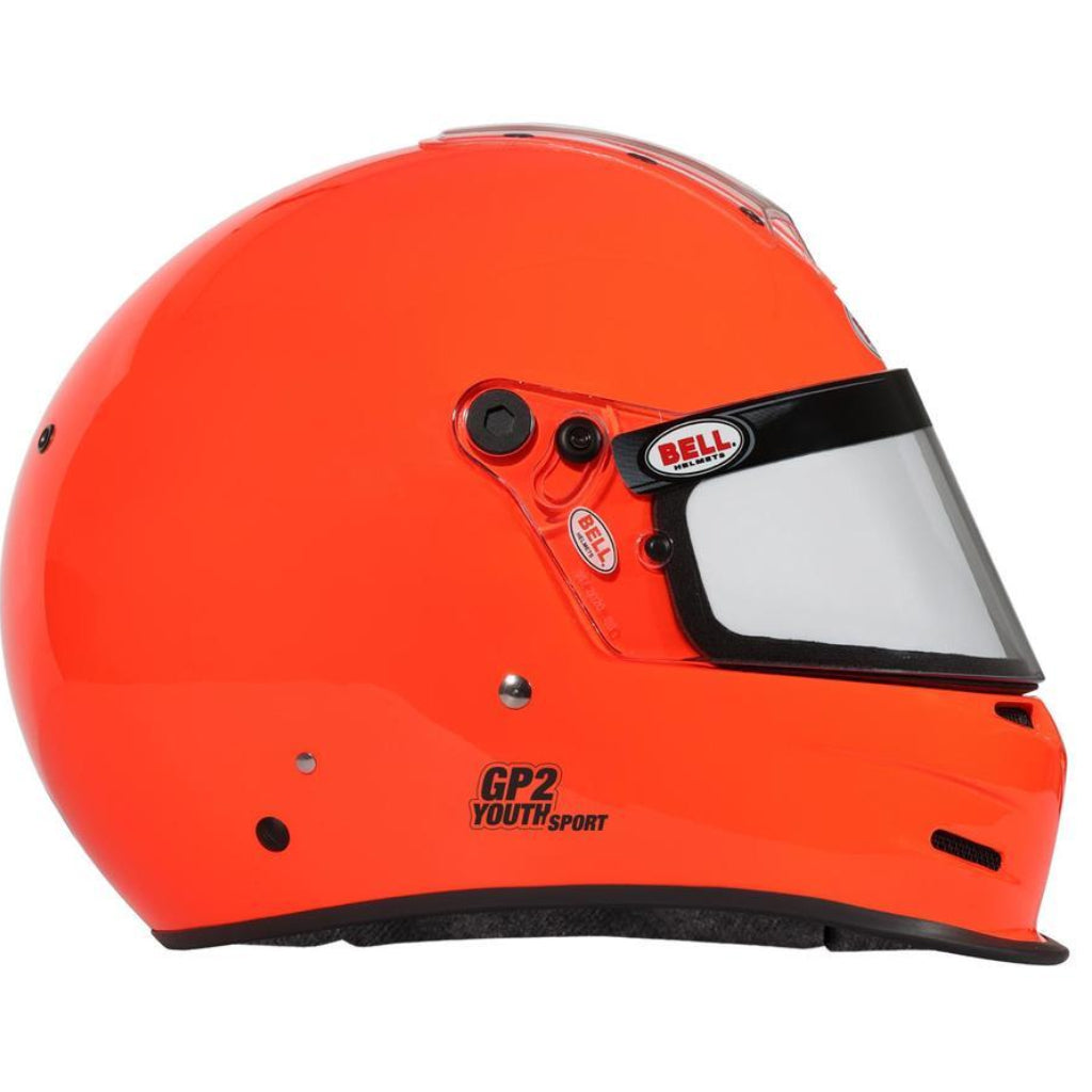 Left side profile of Bell GP2 Youth Sport youth karting helmet in high visibility orange finish