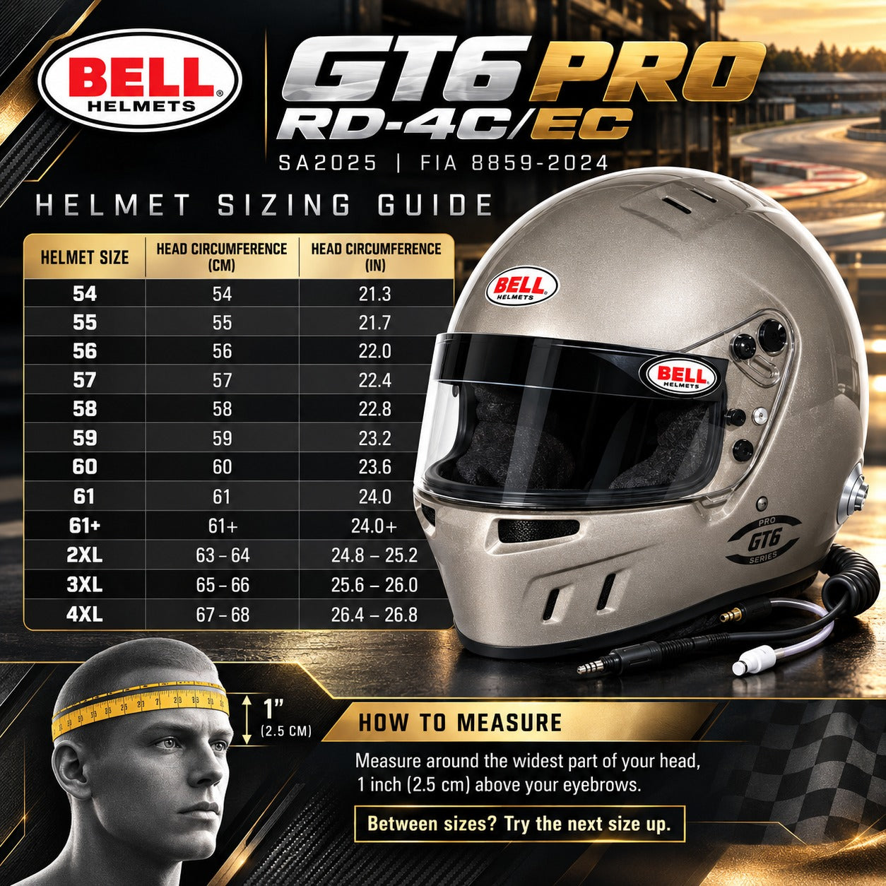 Bell GT6 PRO RD-4C/EC Titanium racing helmet sizing chart showing helmet sizes 54 through 4XL, head circumference in centimeters and inches, and instructions for measuring proper helmet fit.