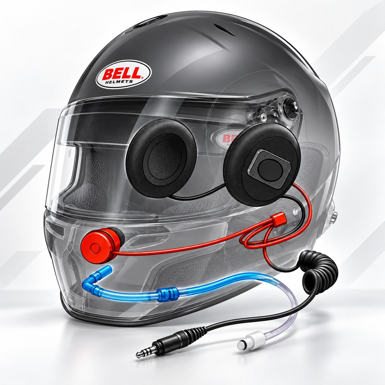 Bell GT6 PRO RD-4C/EC racing helmet cutaway illustration showing integrated ZeroNoise speakers, noise-canceling microphone, radio communication wiring, and hydration tube routing.
