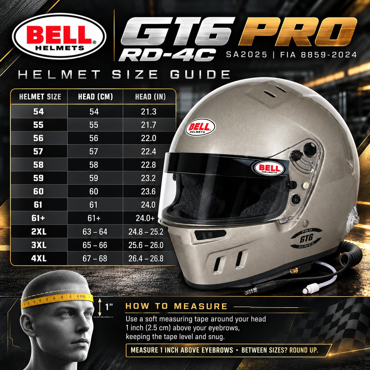 Bell GT6 PRO RD-4C SA2025 Titanium racing helmet sizing chart showing head circumference in centimeters and inches, sizes 54 through 4XL, and helmet measuring instructions.