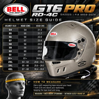Thumbnail for Bell GT6 PRO RD-4C SA2025 Titanium racing helmet sizing chart showing head circumference in centimeters and inches, sizes 54 through 4XL, and helmet measuring instructions.