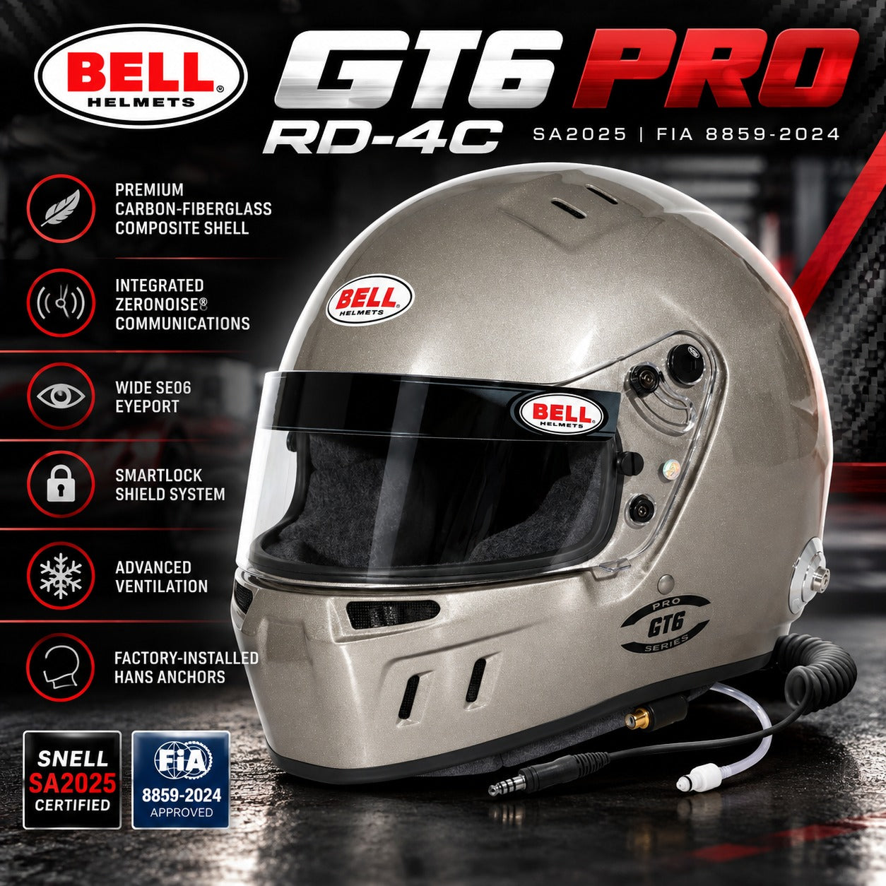 Bell GT6 PRO RD-4C Titanium racing helmet hero image featuring Snell SA2025 and FIA 8859-2024 certification, integrated ZeroNoise communications, SmartLock shield system, carbon-fiberglass composite shell, advanced ventilation, and factory-installed HANS anchors.