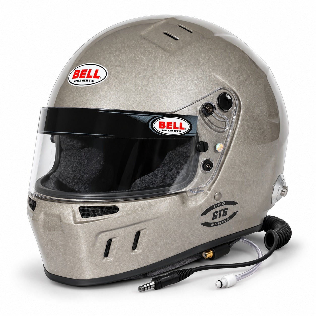 Bell GT6 PRO RD-4C Titanium racing helmet with Snell SA2025 and FIA 8859-2024 certification, featuring ZeroNoise communications and HANS anchors.