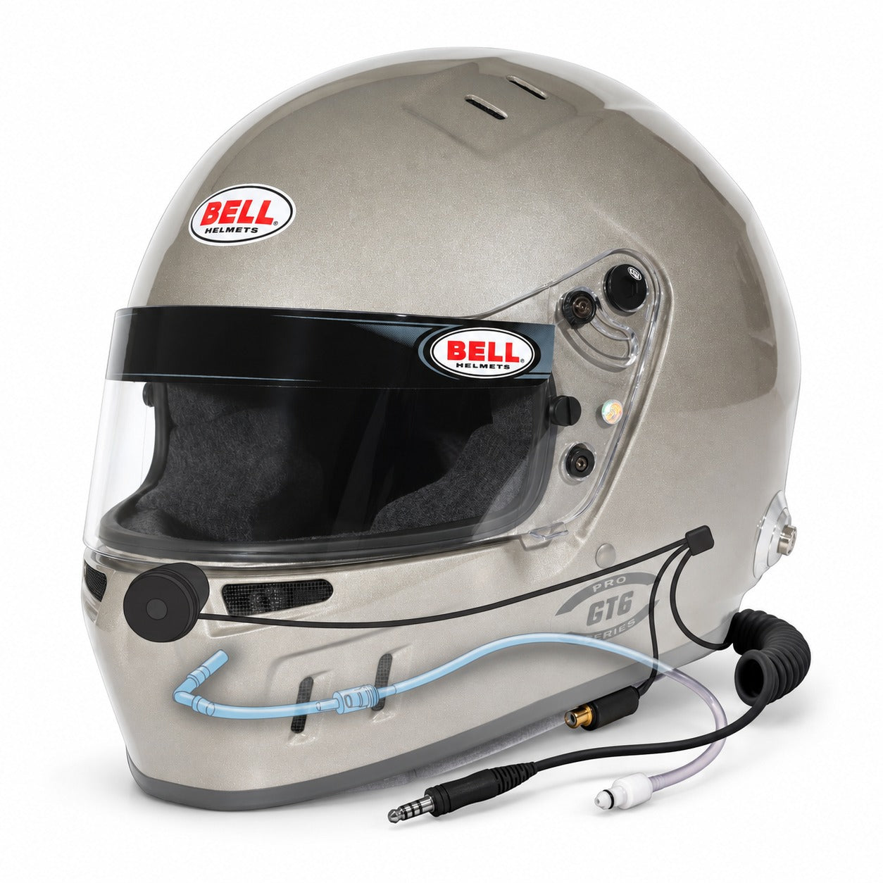 Bell GT6 PRO RD-4C racing helmet illustration highlighting integrated ZeroNoise microphone, earpiece wiring, and hydration tube routing.