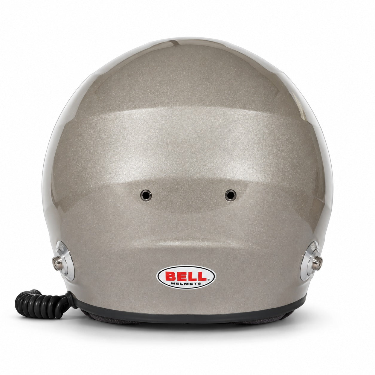Rear view of Bell GT6 PRO RD-4C Titanium racing helmet showing composite shell construction, rear ventilation ports, and factory-installed HANS anchors.