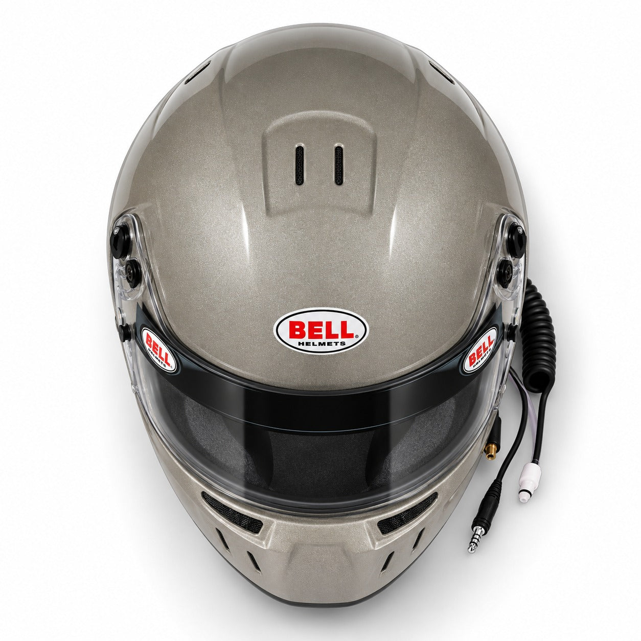 Top view of Bell GT6 PRO RD-4C Titanium racing helmet showing aerodynamic shell profile, ventilation openings, and Bell Racing branding.