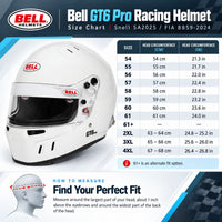 Thumbnail for Bell GT6 Pro Racing Helmet Sizing Chart with Snell SA2025 and FIA 8859-2024 Certification, Helmet Sizes 54–4XL, Head Circumference in Centimeters and Inches, and Head Measuring Instructions.