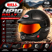 Thumbnail for Bell HP10 Rally FIA 8860-2018 carbon fiber racing helmet featuring an orange-red mirrored sunscreen, integrated ZeroNoise communications, removable carbon half chin bar, Nexus connector, and factory-installed HANS anchors.