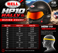 Thumbnail for Bell HP10 Rally FIA 8860-2018 carbon fiber helmet sizing chart featuring sizes 54 through 61+, head circumference measurements in centimeters and inches, and helmet measuring instructions.